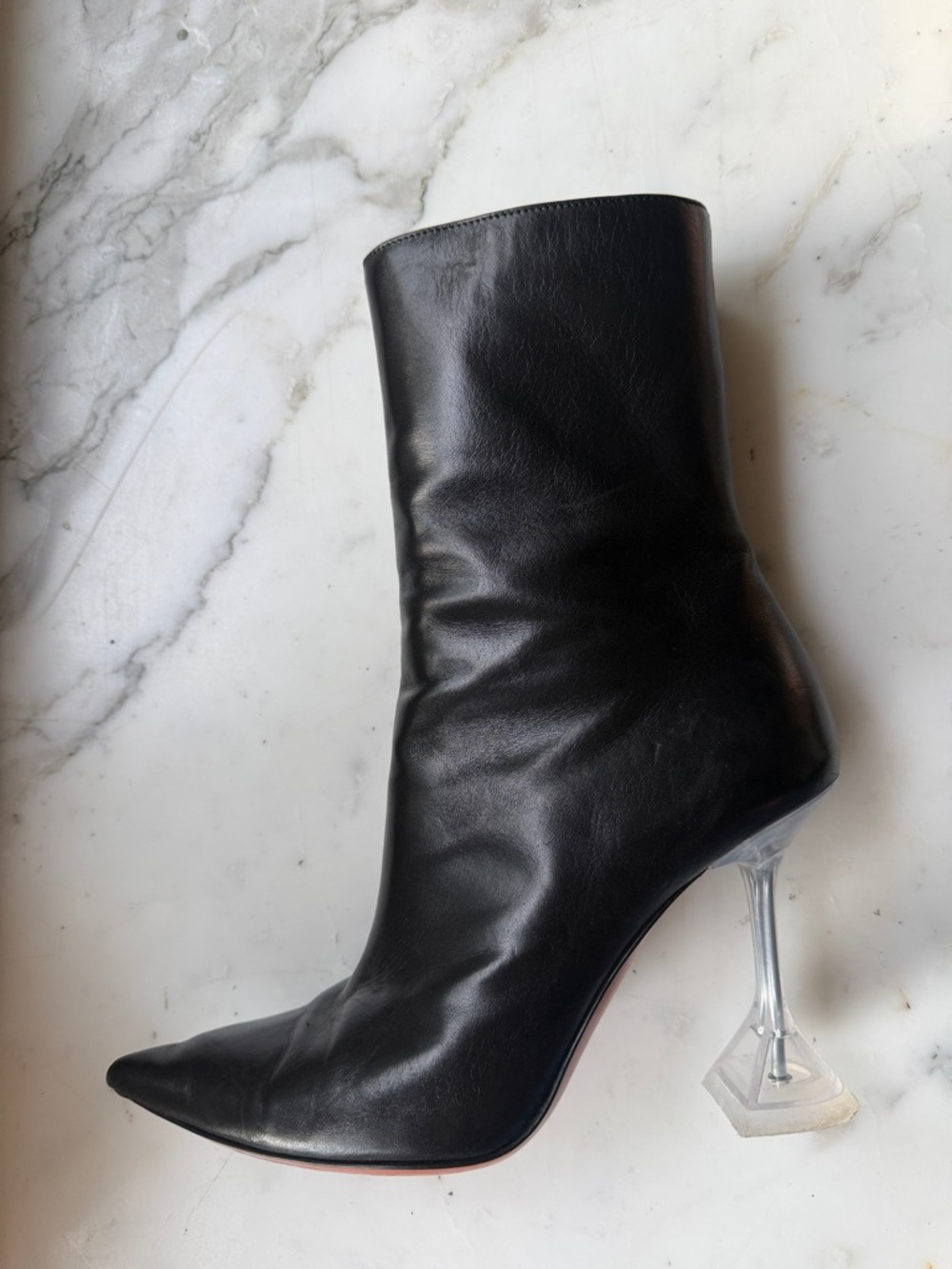Amina Muaddi Black Pointed Leather Ankle Boot with Clear Sculpted Heel
